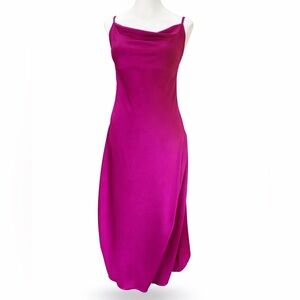 Fuchsia Magenta Satin Dress Cowl Neck Midi Wedding Guest NWT Small Black Tape